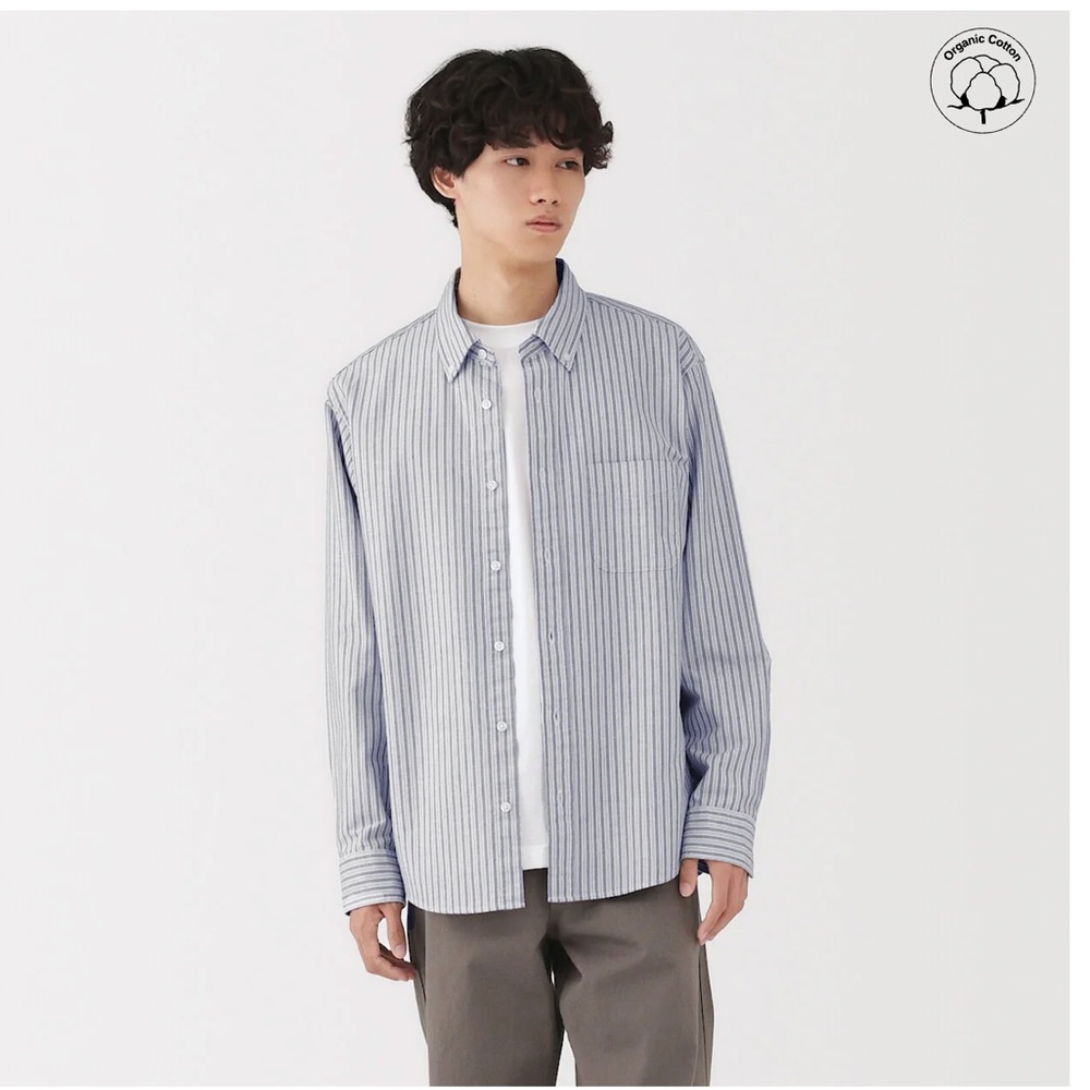 Muji Blue and White Stripe Casual Button-Down Shirt